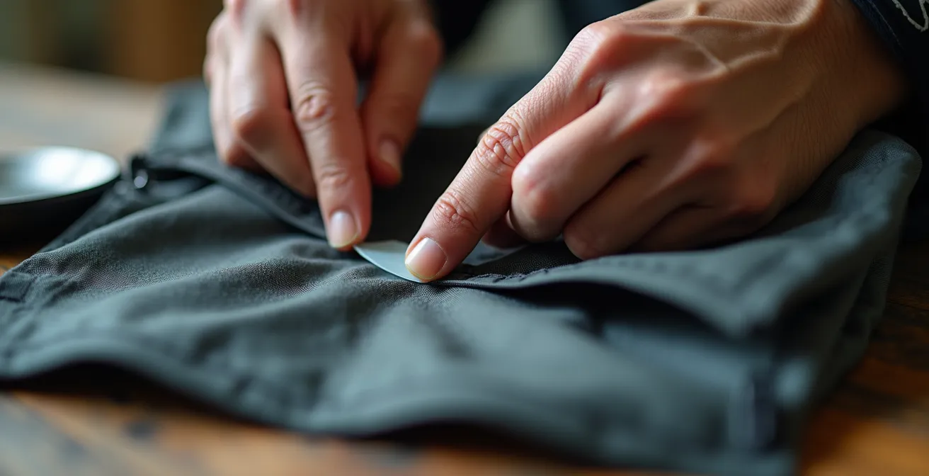 Gros plan macro sur une main appliquant délicatement un patch de réparation transparent sur du tissu technique imperméable