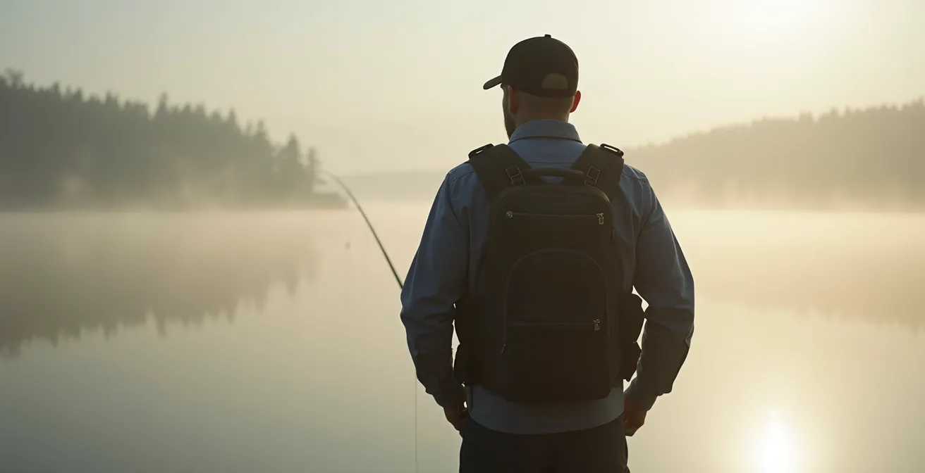 Vue de dos d'un pêcheur portant un gilet avec répartition optimale des charges colorées par zones de poids