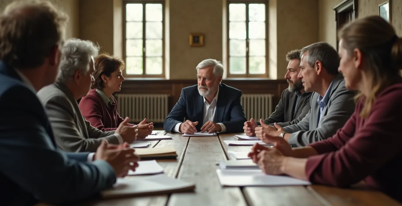 Salle de conseil municipal avec élus locaux discutant du budget communal et des revenus des baux de chasse