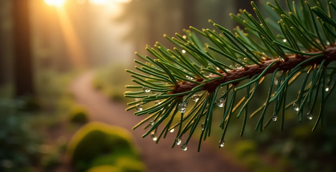 Sentier forestier baigné de brume matinale avec rayons de lumière filtrant entre les arbres