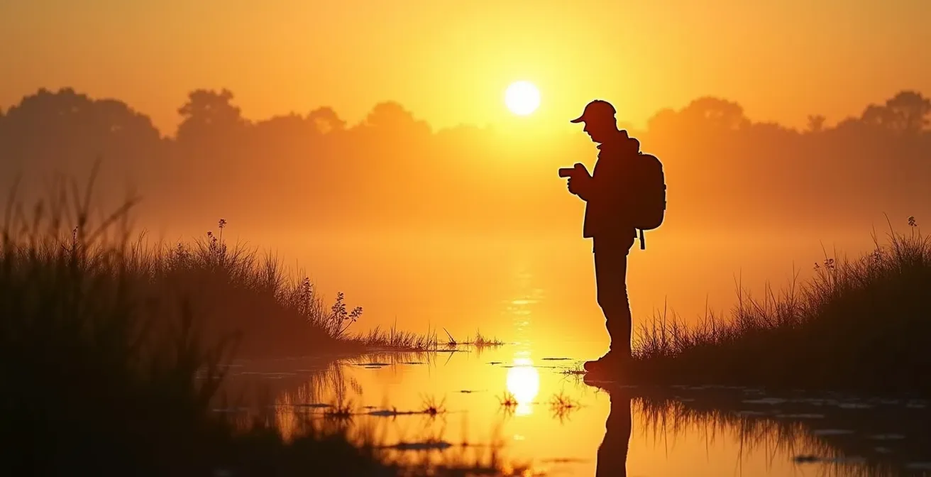Observateur nature immobile en lisière de zone humide au crépuscule