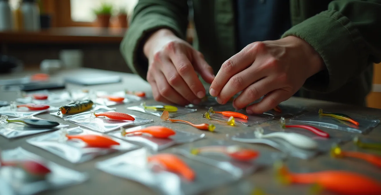 Système d'organisation de leurres souples dans des pochettes séparées pour éviter les réactions chimiques