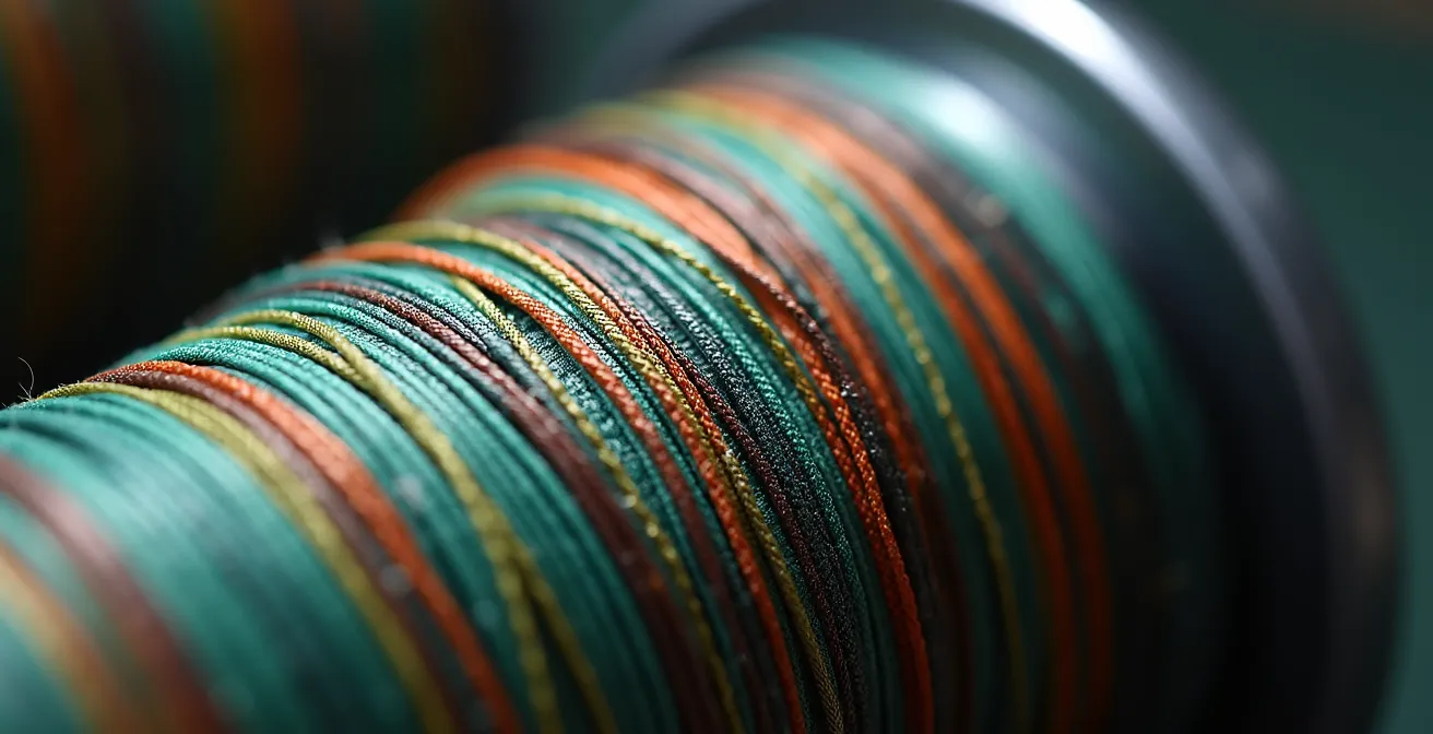 Détail macro des spires croisées sur une bobine de moulinet avec tresse ultra-fine