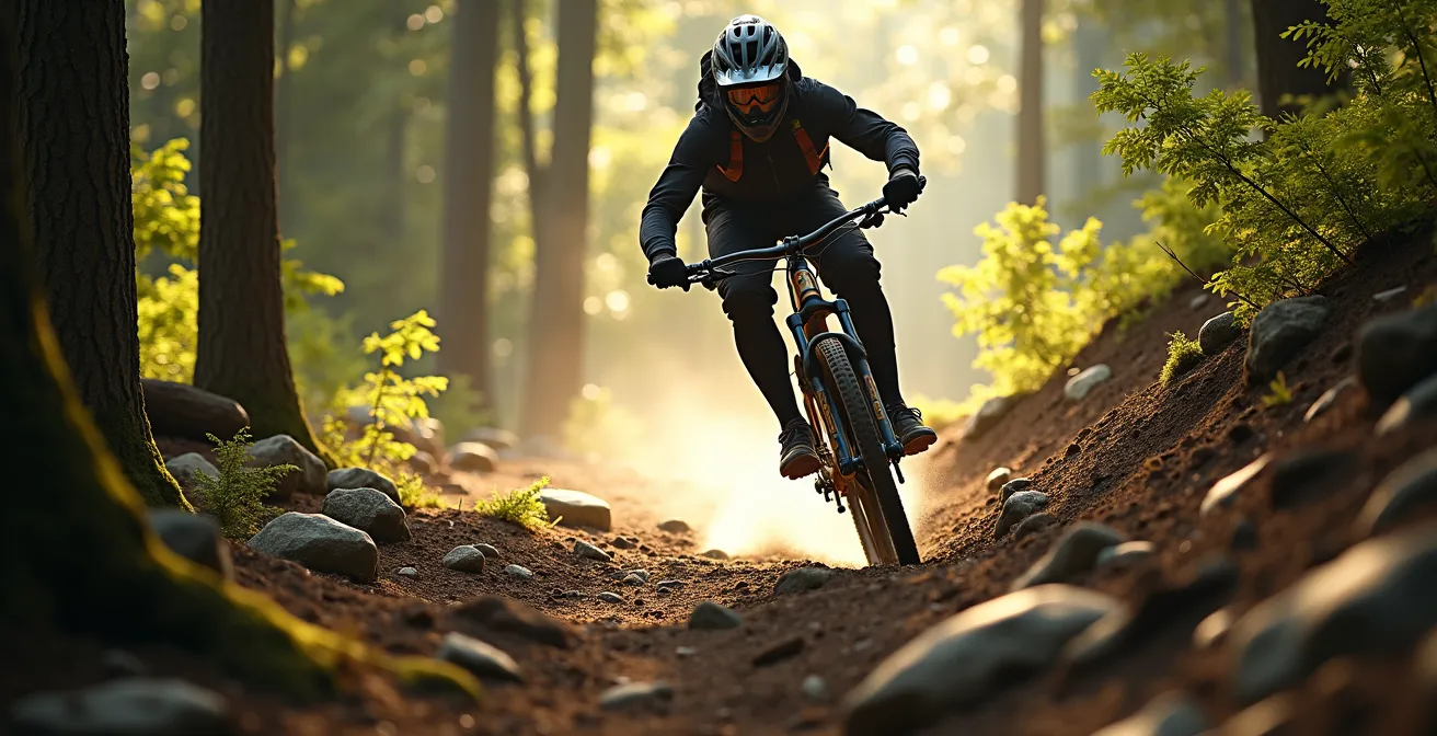 Position de pilotage VTT en descente technique sur terrain rocheux