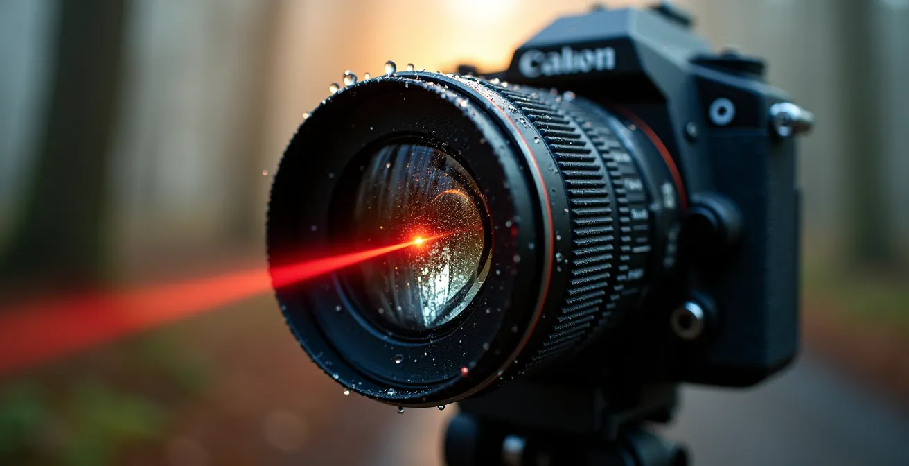 Télémètre laser utilisé dans des conditions de brume matinale en forêt