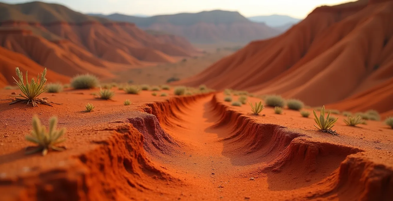 Collines d'argiles rouges du Rougier de Camarès avec ravines d'érosion caractéristiques