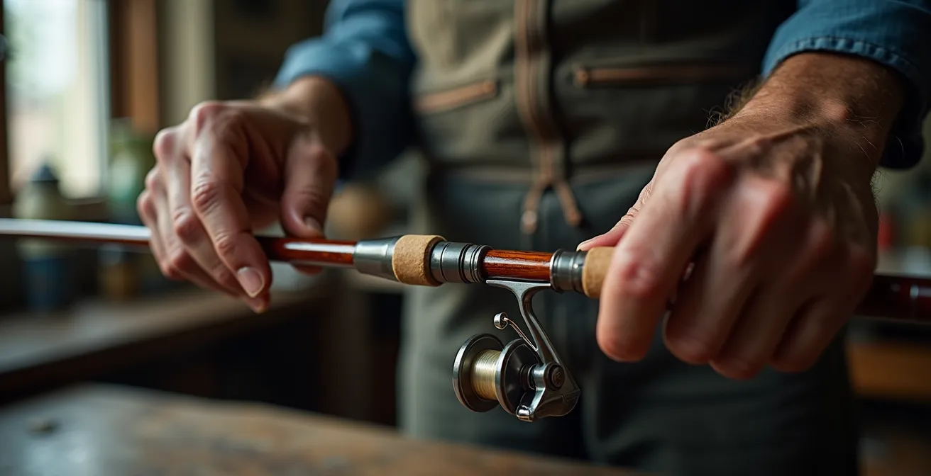 Gros plan sur les mains d'un pêcheur testant l'équilibre de sa canne avec la technique du stylo