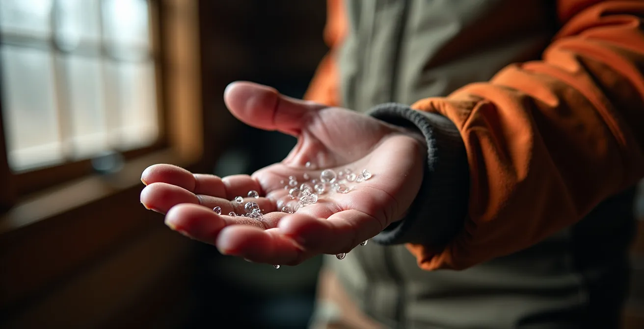 Test de la goutte d'eau sur tissu technique de chasse montrant l'effet perlant