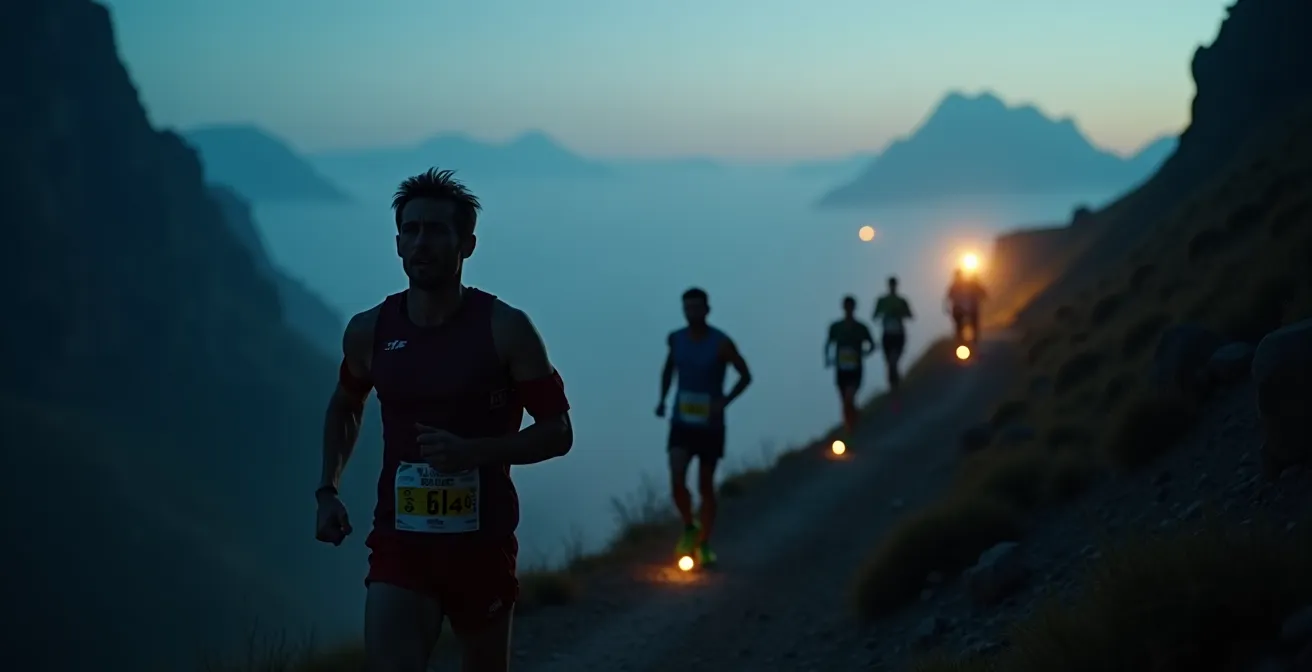 Coureurs de trail traversant un plateau calcaire des Grands Causses avec vue sur les gorges au lever du soleil