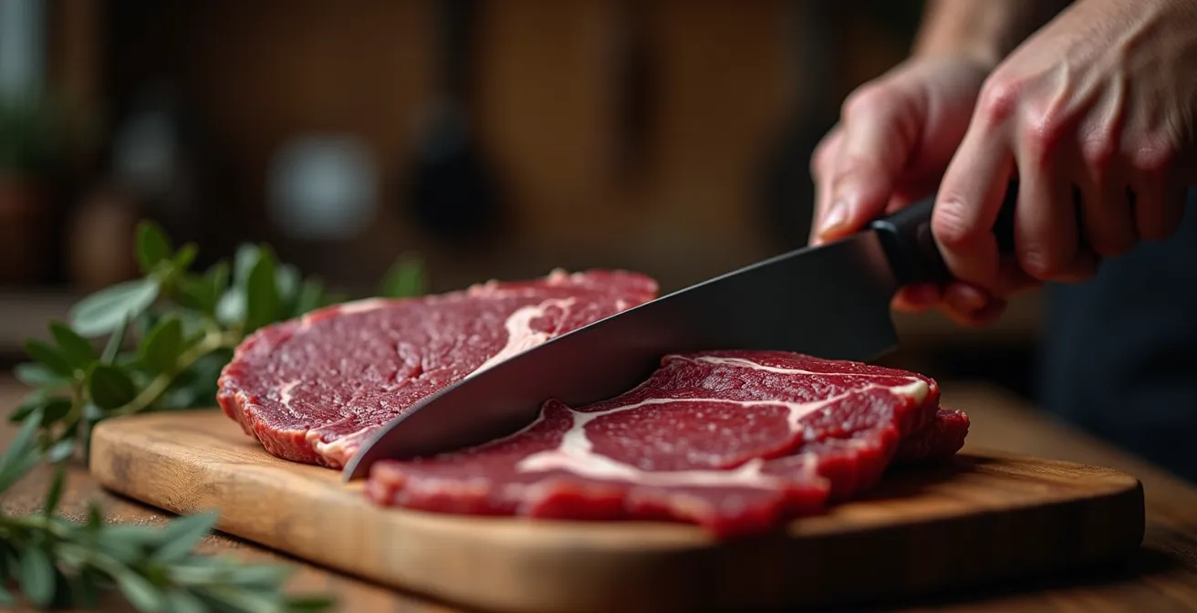 Atelier de découpe artisanal avec pièces de gibier en cours de transformation, montrant le savoir-faire local