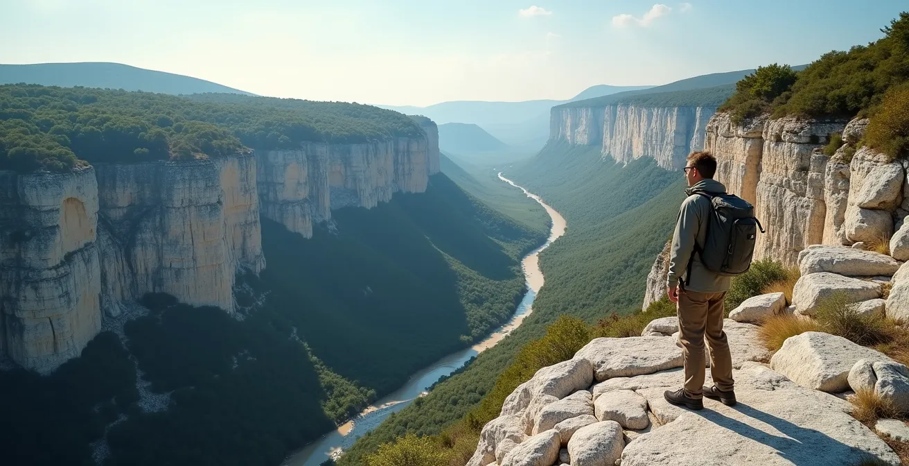Vue panoramique montrant la transition entre les gorges calcaires du Tarn et les collines granitiques arrondies du Lévézou
