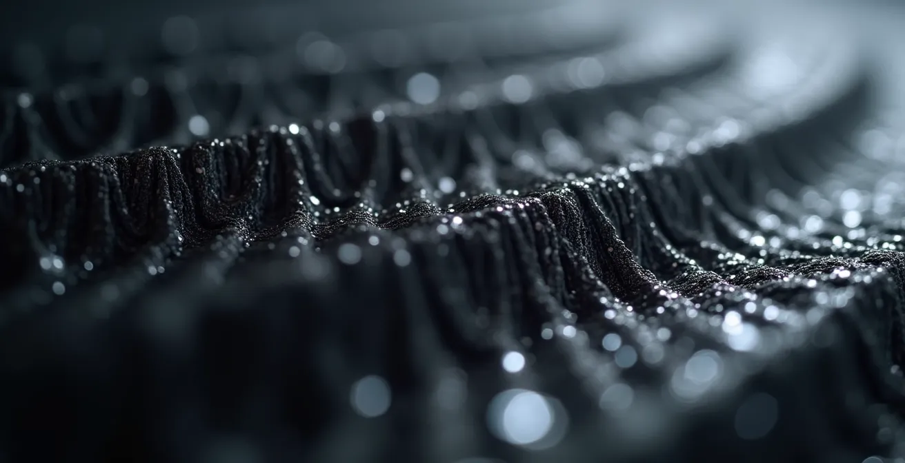 Vue macro de la structure en fibre de carbone montrant la transmission des ondes vibratoires