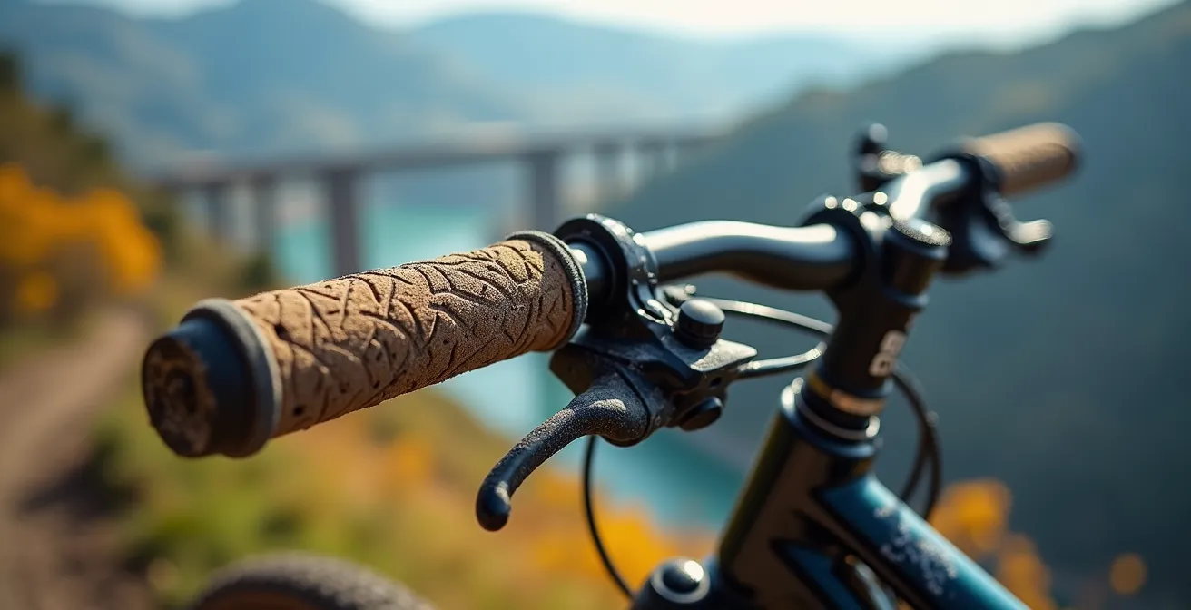 Vue macro sur un guidon de VTT avec en arrière-plan flou le viaduc de Millau et des parapentes