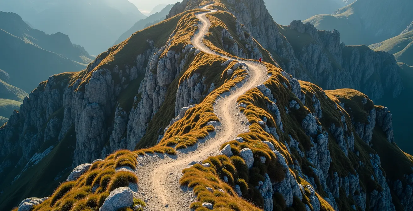 Vue aérienne d'un sentier balisé serpentant sur une ligne de crête