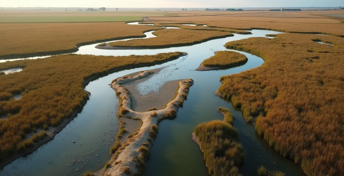 Vue aérienne d'une zone humide retenant l'eau après de fortes pluies avec méandres naturels